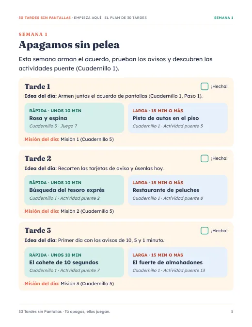Página de la guía con las primeras tardes del plan