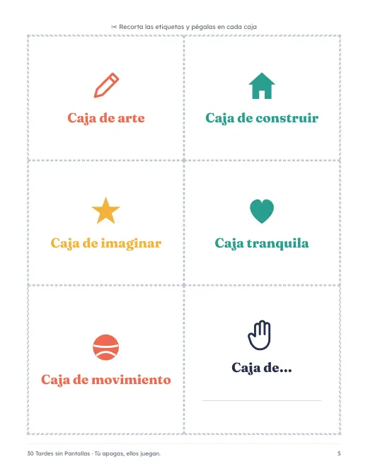 Página del cuadernillo Jugar solos: las 5 cajas de juego